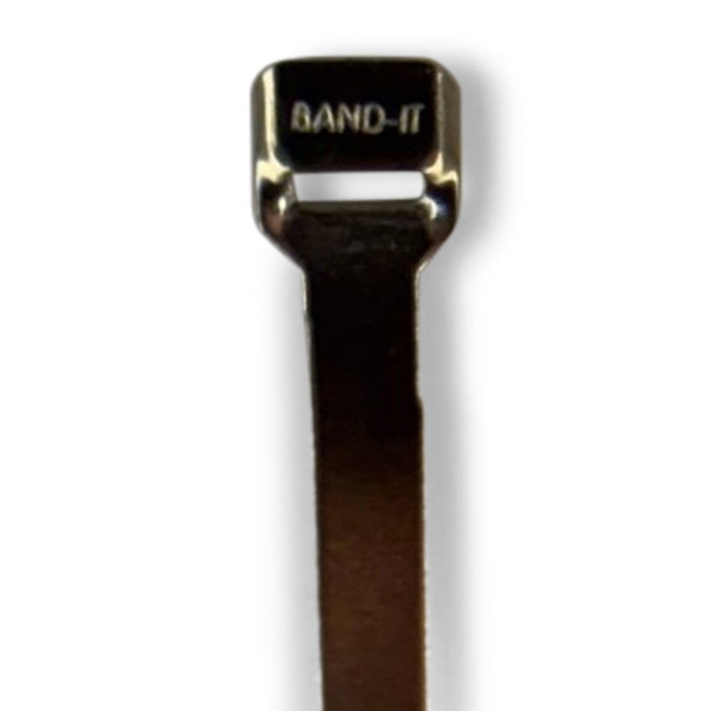 Band-It A31086 1/8 Inch Stainless Steel Flat Termination Band, Stamped Part Number Side Main Image - 14.25 Inch Micro Cable Shield Clamping Band