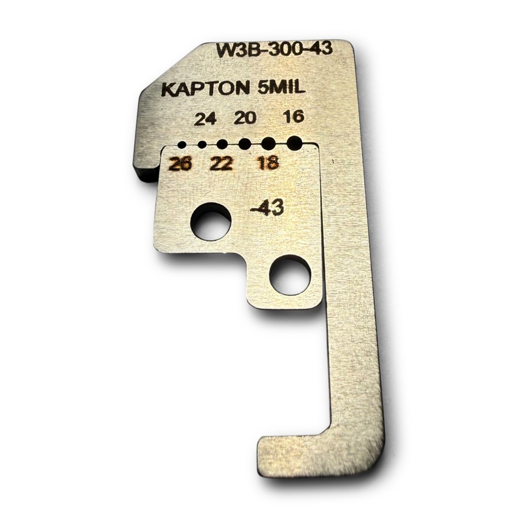 Close up of laser markings on W3B-300-43 stripper blade highlighting 16-26 AWG wire processing thresholds.