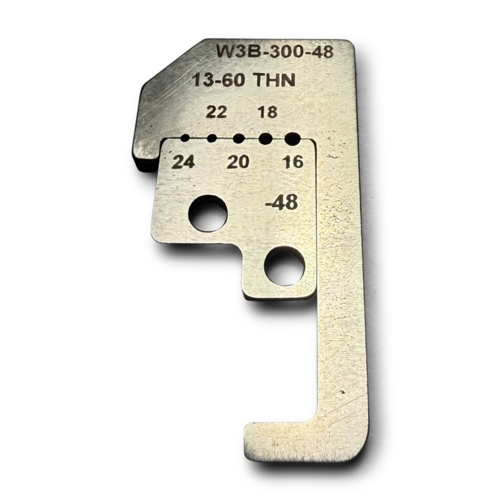 Close up of laser markings on W3B-300-48 stripper blade highlighting 16-26 AWG wire processing thresholds.