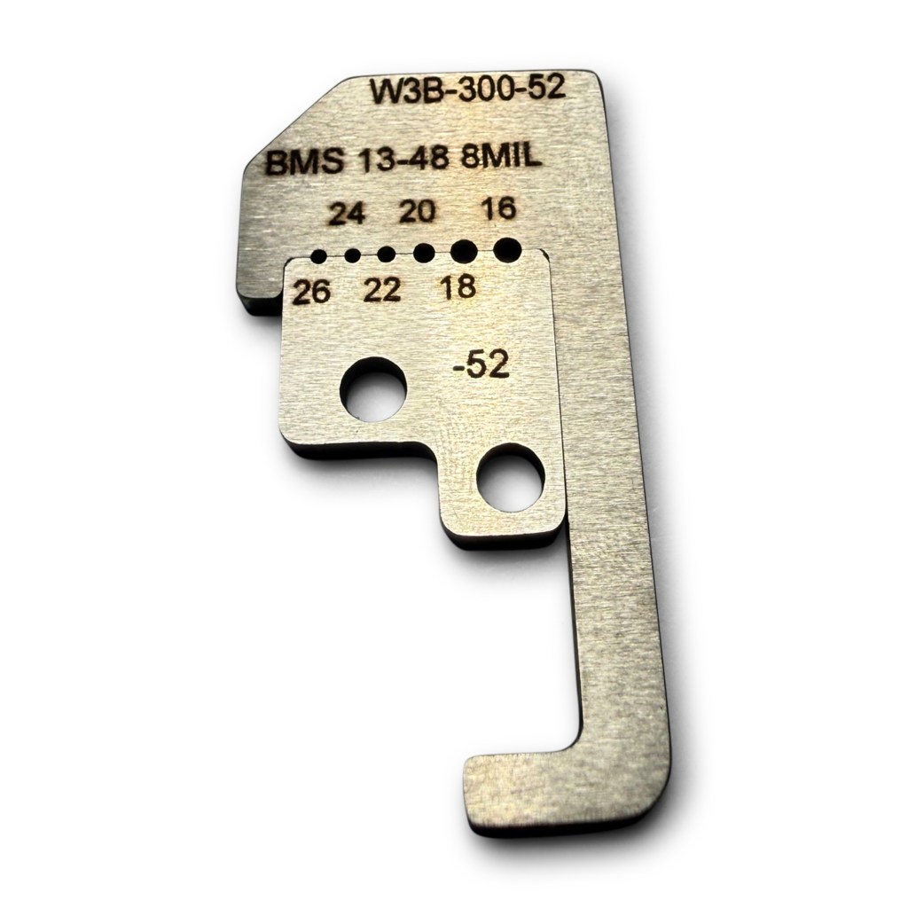 Close up of laser-etched stamping on W3B-300-52 stripper blade highlighting 16-26 AWG wire capacity