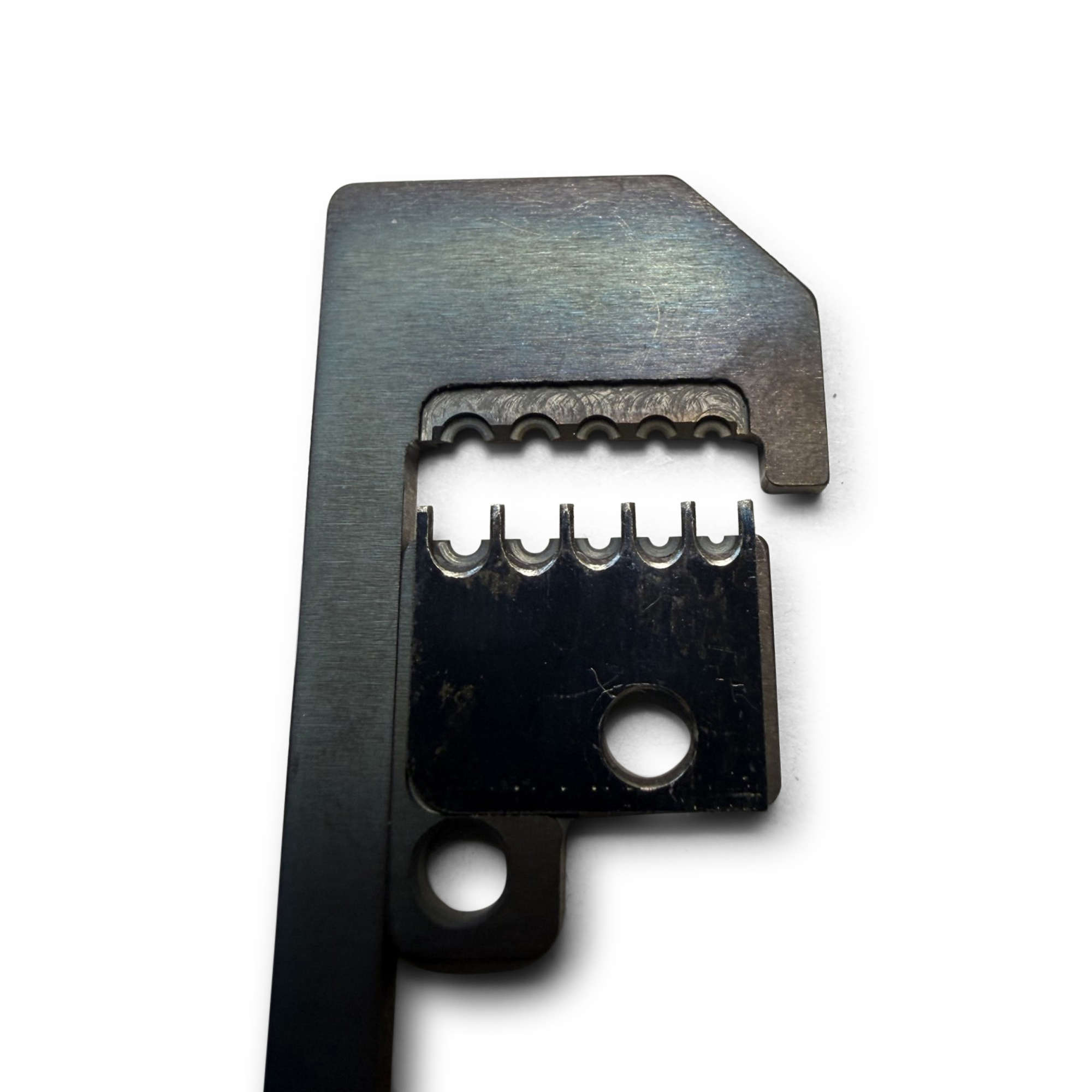 W3BC-2222-38 custom die-type wire stripper blade showing precision insulation stripping profile for Boeing specifications size 18-22 AWG.