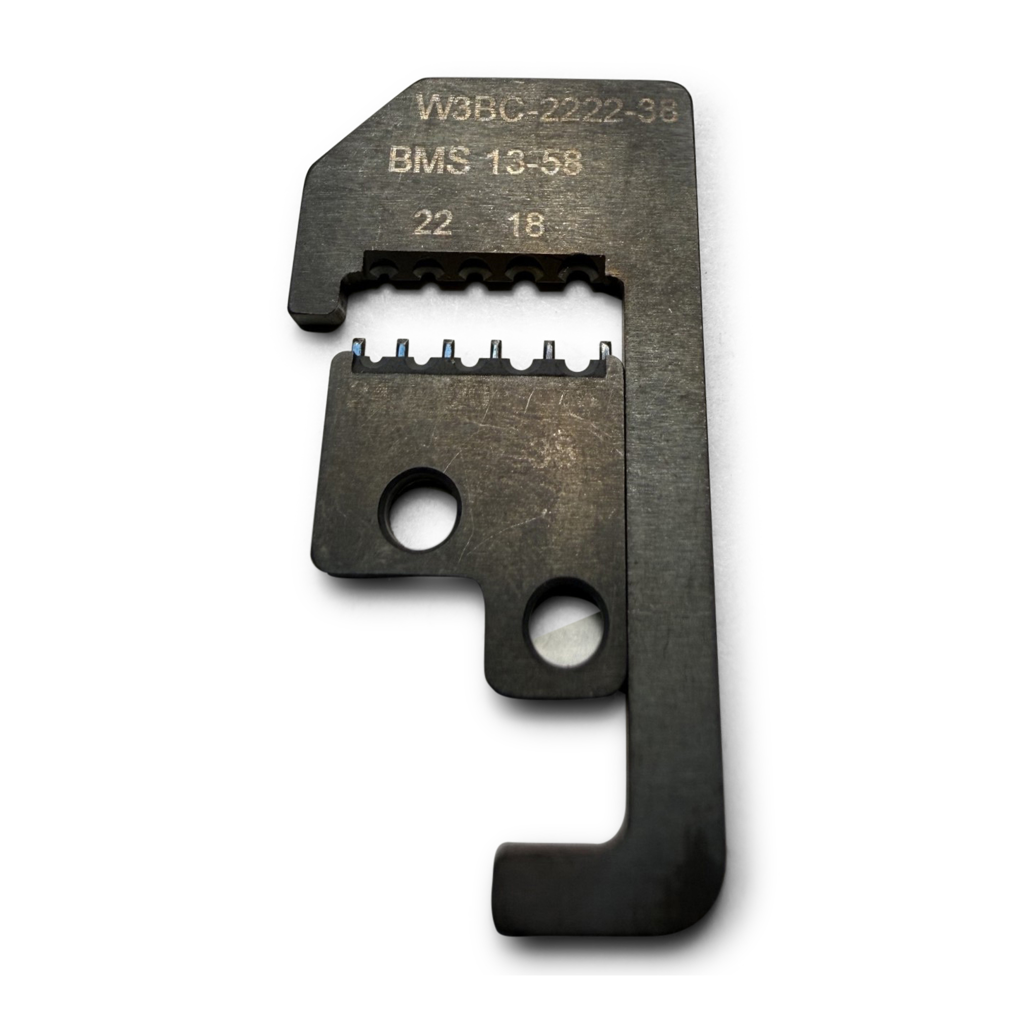 Close up of laser markings on W3BC-2222-38 stripper blade highlighting 18-22 AWG wire processing thresholds.