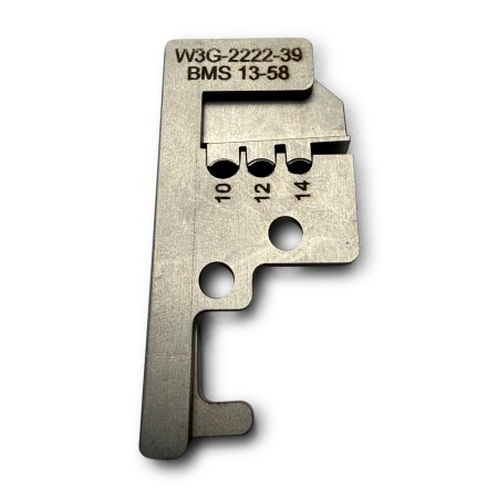 Laser-etched markings on W3G-2222-39 stripper gripper pad guide showing compatibility with Boeing specification BMS 13-58 and wire sizes 14, 12, and 10 AWG.