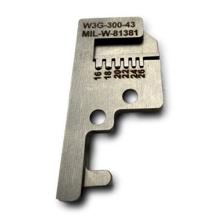 Close up of laser markings on W3G-300-43 gripper guide pad highlighting 16-26 AWG configuration alignment.