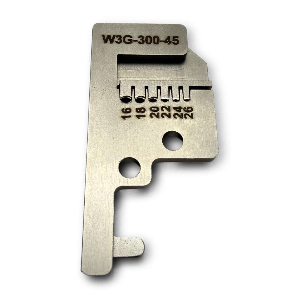 Close up of laser markings on W3G-300-45 gripper guide pad highlighting 16-26 AWG configuration alignment.