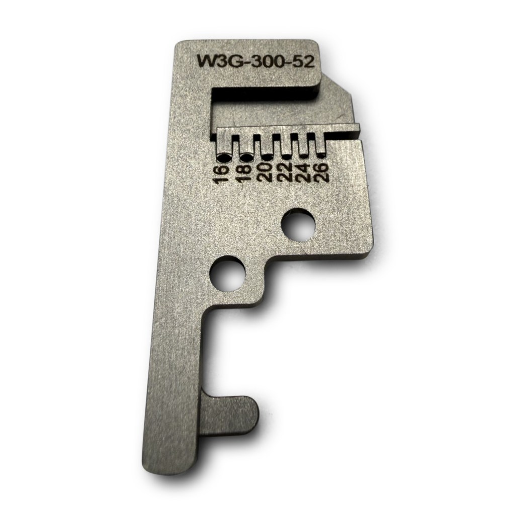 Close up of laser markings on W3G-300-52 gripper guide pad highlighting 16-26 AWG configuration