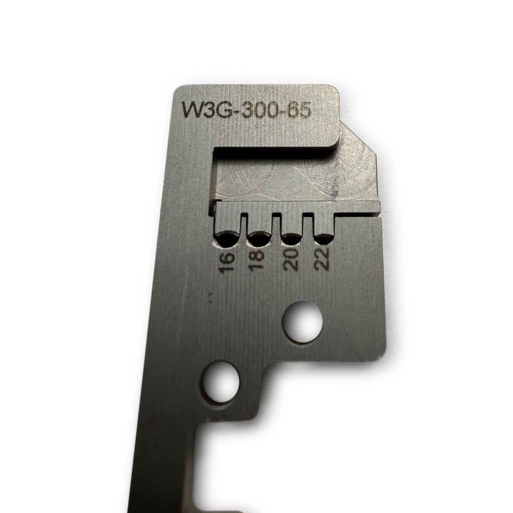 Close up of laser markings on W3G-300-65 gripper guide pad highlighting 16-24 AWG configuration alignment.