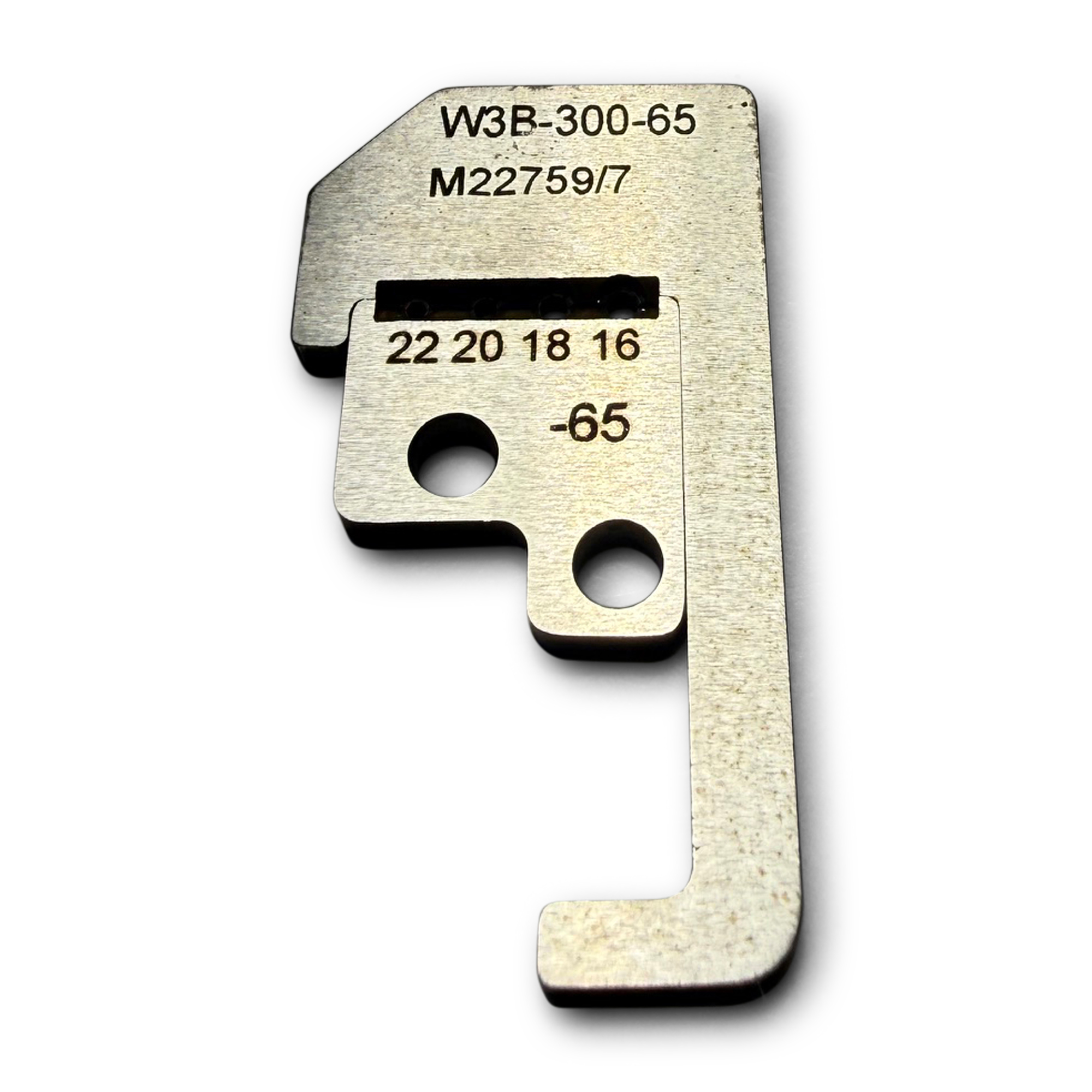 Close up of laser markings on W3B-300-65 stripper blade highlighting 16-24 AWG wire processing thresholds.