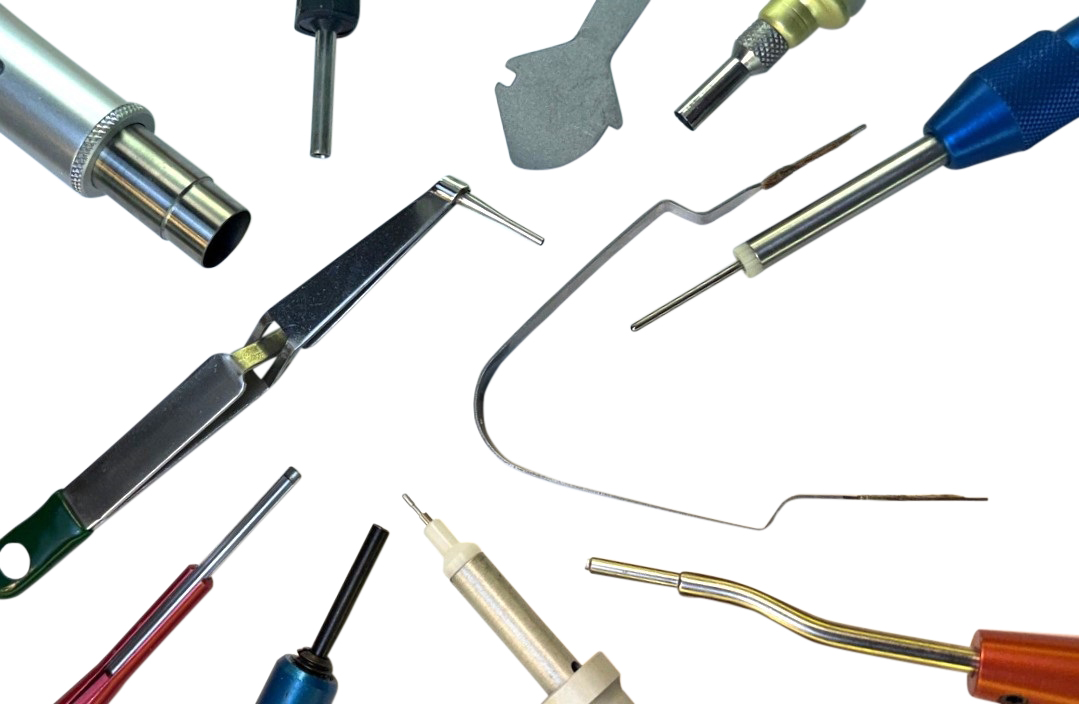 Mil-spec metal insertion and removal tools and tweezer tools qualified to M81969 or conforming to standards for aerospace front and rear-release electrical connector contact maintenance.
