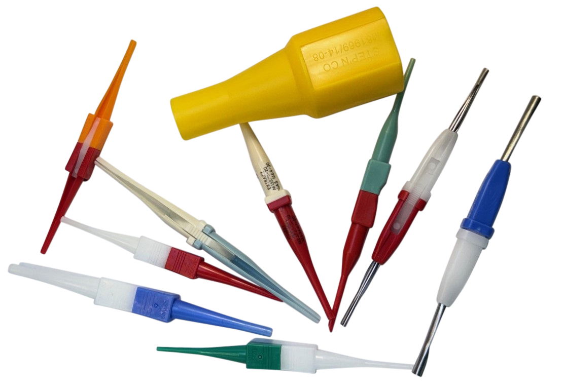 Single and double-ended plastic insertion and extraction tools for standard military-grade aviation data connector pin installations.
